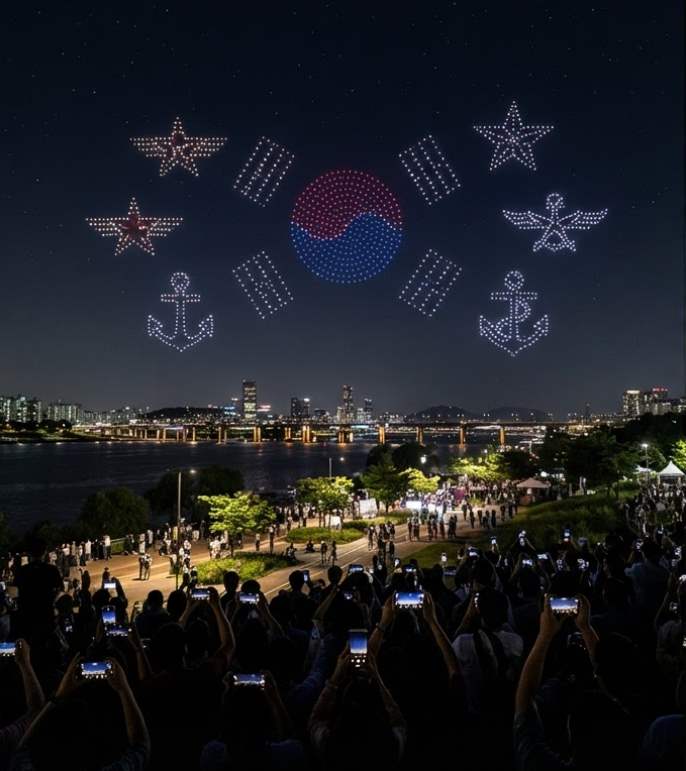 K-Military Festival Chuncheon drone light show filling the night sky above Chuncheon Riverside Park with hundreds of synchronized drones