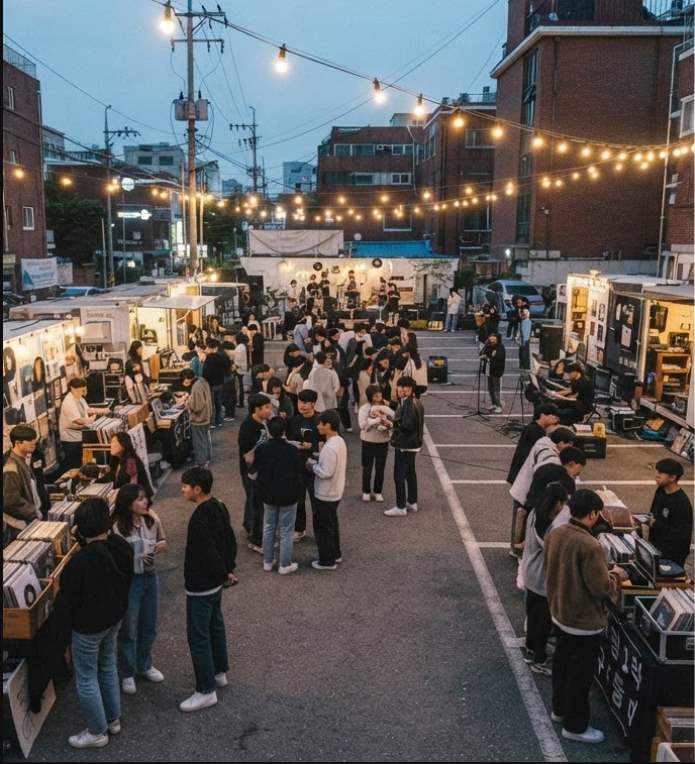 Marshall KLMA Live from Yeonnam block party at Dongjin Market parking lot with live broadcast screen and music flea market booths