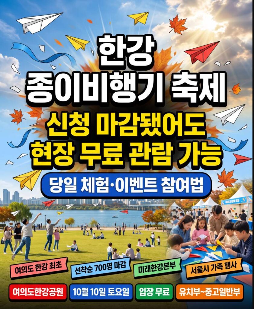 2026 Han River Paper Airplane Festival at Yeouido Hangang Park — competitors launching paper planes into the autumn sky at Nokmyeonsu Plaza