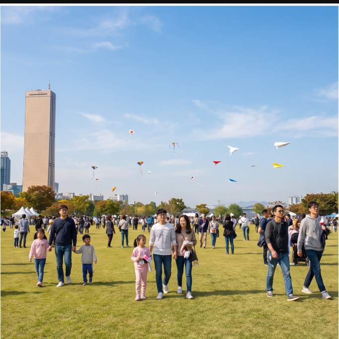 Yeouido Hangang Park in autumn — silver grass meadows and maple-lined walking paths along the Han River