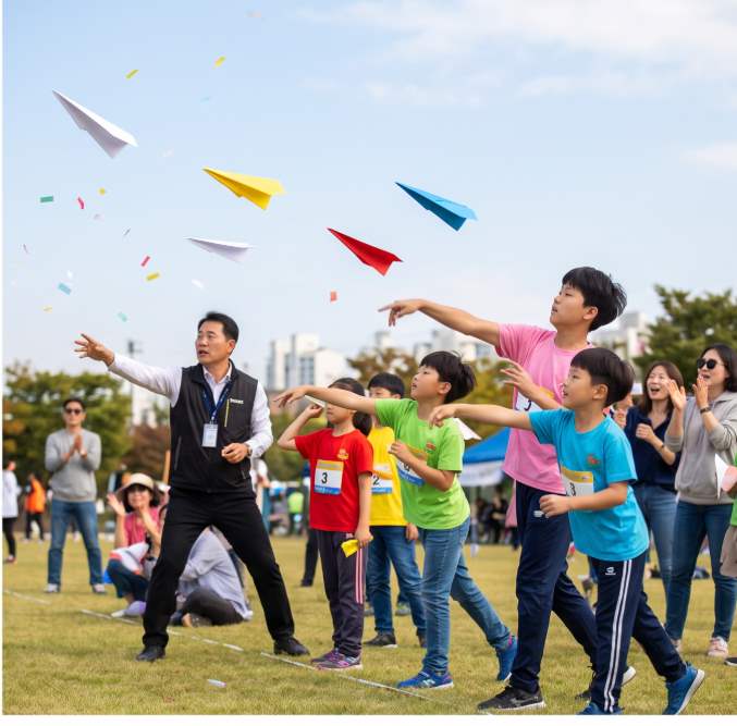 Han River Paper Airplane Festival 2026 — Duration Flying competitor releasing a precisely folded paper plane at Yeouido Hangang Park