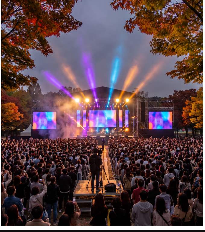 Gwangju Sound Park Festival 2026 — large crowd at Sajik Park outdoor stage under colorful stage lighting
