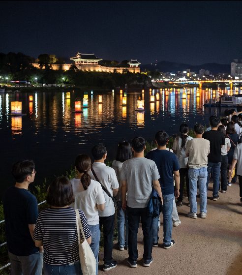 Night performance at the Korea Drama Festival outdoor stage in Jinju, with light installations reflecting on the Namgang River surface