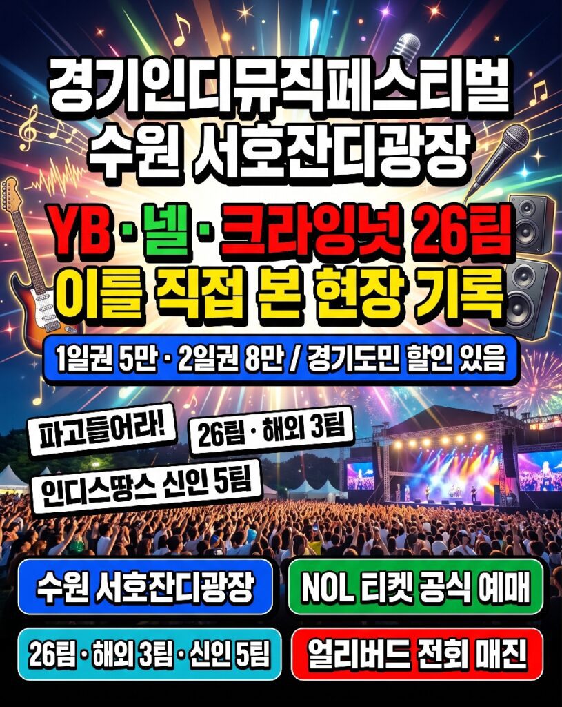 Outdoor concert stage at Suwon Seoho Grass Square during the 2026 Gyeonggi Indie Music Festival with crowd in foreground
