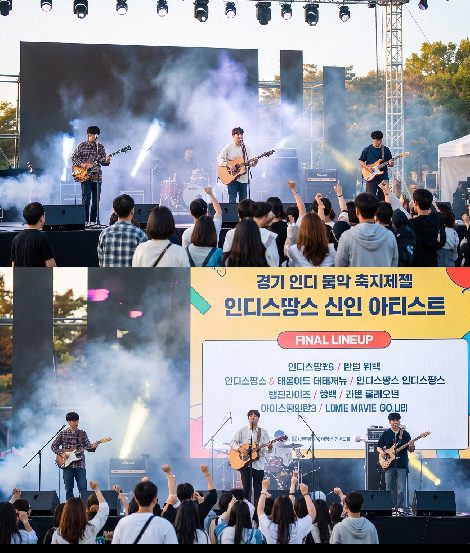 Evening stage lights and energetic crowd at the 2026 Gyeonggi Indie Music Festival night performance in Suwon