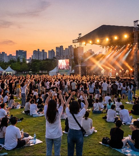 Panoramic view of the outdoor stage and crowd at Suwon Seoho Grass Square during the 2026 Gyeonggi Indie Music Festival