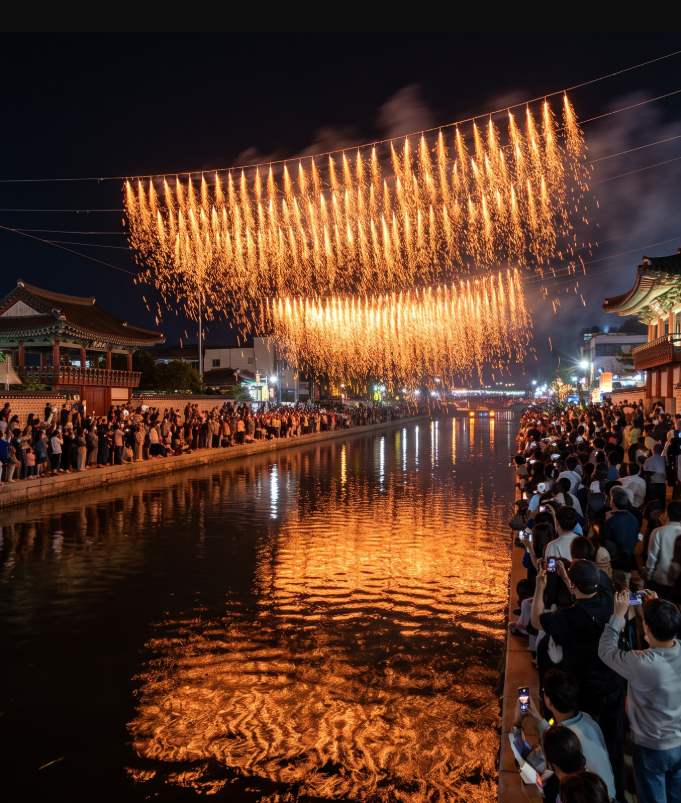 Nakwha embers falling from a 75-meter rope over Pohang Canal, reflecting off the water surface at the Pohang Nakwha Night Festival 2026