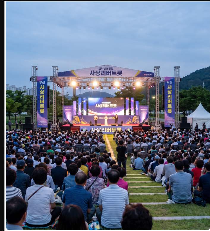 Riverside Song Competition performers on stage at the Sasang Riverside Festival 2026, with the Nakdonggang River visible in the background
