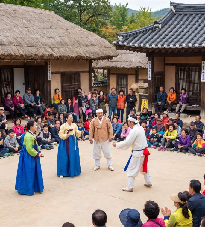 Visitors wearing traditional hanbok at the Kim Hongdo Folk Village during the Ansan Festa mask drama performance