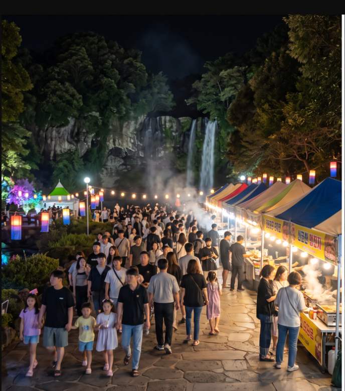 Seogwipo Chilsimni Festival 2026 — drone light show over the historic downtown at night