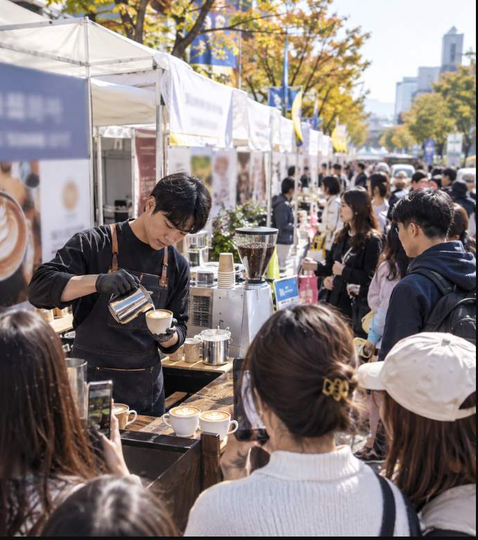 성남동 커피페스티벌 라떼아트 스로우다운 무대에서 바리스타가 정밀한 라떼아트를 시연하는 장면