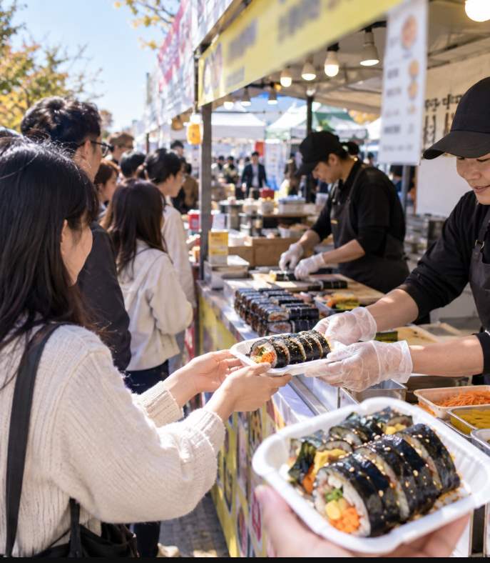 Variety of gimbap rolls made with local Gimcheon ingredients displayed at festival food stalls