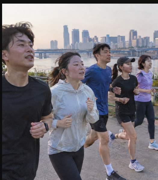 북항친수공원 해안 산책로를 따라 노을 속을 달리는 러닝 참가자들
